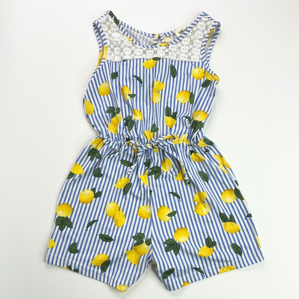 Shosho Blue Lemon Print Romper Kids Size 6/6X Lace Yoke Striped Sleeveless